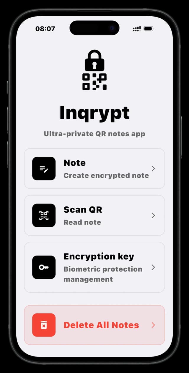 Inqrypt main screen - creating encrypted notes